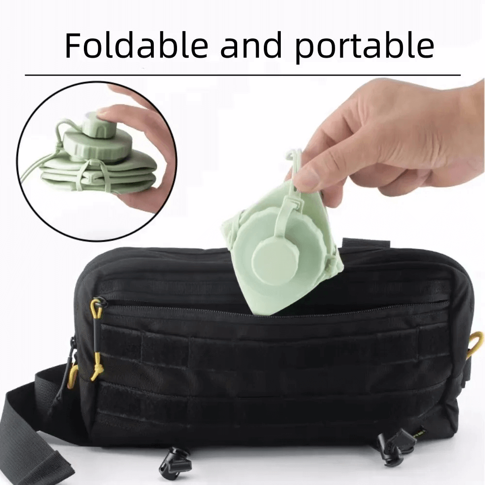 Compact 600ml Foldable Silicone Water Bottle for Gym - SF3486 being folded into a portable size above a travel bag.